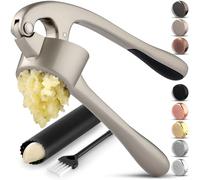 Zulay Kitchen Premium Extra Large Garlic Press Set - Rust Proof & Dishwasher Safe Professional Garlic Crusher Tool - Easy-Squeeze, Easy-Clean with Soft, Ergonomic Handle - Peeler & Brush - Silver