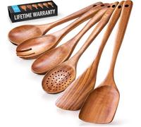 Zulay Kitchen Premium Wooden Utensils for Cooking - 6pc Set Non-Stick Soft Comfortable Grip Wooden Cooking Utensils - Smooth Finish Teak Wood Spoons