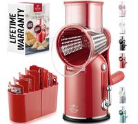 Zulay Kitchen Rotary Cheese Grater 5 Blade Shredder - Manual Hand Crank Cheese Grater with Reinforced Suction & 5 Interchangeable Drums - Easy to Use, Vegetable Chopper Round Mandoline Slicer - Red