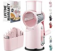 Zulay Kitchen Rotary Cheese Grater 5 Blade Shredder - Manual Hand Crank Cheese Grater with Reinforced Suction & 5 Interchangeable Drums - Easy to Use, Vegetable Chopper Round Mandoline Slicer - Pink