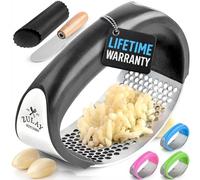 Zulay Kitchen Stainless Steel Garlic Press Rocker Set - Time Saving, Durable Strong Garlic Mincer Tool - Easy to Use & Clean Garlic Crusher Set with Peeler and Scraper Kitchen Gadget Smasher - Black