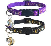 zulinlong 2 Pack Breakaway Cat Collars with Bells, Safety Buckle Kitten Collars, Glow in Dark Design with Moons Stars Pendant, Adjustable from 7.5 to 12.5 Inches(Black & Purple)