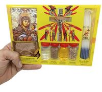 Zuluf Blessed Candles Catholic Holy Land Set 7in1 Olive Wood Cross Set with 3 Bottles - Oil, Jordan Water & Holy Earth and Icon Certificate