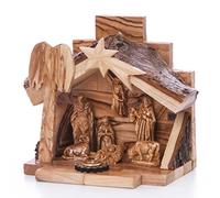 Zuluf Hand Carved Nativity Set Scene With Bark Roof Made In Bethlehem NAT022