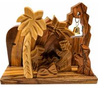 Zuluf Miniature Nativity Set, Olive Wood Figures with Working Brass Bell from Bethlehem, 3.9 Inch, Hand Carved Palm Tree Holy Family Tabletop Religious Christmas Keepsake