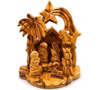 Zuluf Small Nativity Scene, Hand Carved Olive Wood Set with Stable from Bethlehem, 5.4 Inch, Palm Tree House Stable Shooting Star Arch Tabletop Religious Christmas Decor