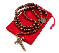 Zuluf St Benedict Rosary for Men and Women, Brown Wooden Rosary Beads Necklace with Saint Benedict Medal and Crucifix, Corded Catholic Prayer Beads for Protection, Velvet Pouch Included