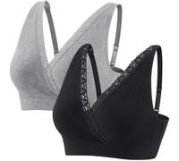 ZUMIY Maternity Nursing Bra Sleeping Tops, Wireless Breastfeeding Pregnancy Cotton Bras, Full Coverage, Adjustable Straps Lace Trim (L, Black+Grey/2pack)