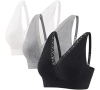 ZUMIY Maternity Nursing Bra Sleeping Tops, Wireless Breastfeeding Pregnancy Cotton Bras, Full Coverage, Adjustable Straps Lace Trim (XXL, Black+Grey+White/3pack)