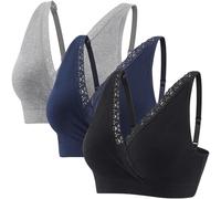 ZUMIY Maternity Nursing Bra Sleeping Tops, Wireless Breastfeeding Pregnancy Cotton Bras, Full Coverage, Adjustable Straps Lace Trim (XXL, Black+Grey+Navy blue/3pack)