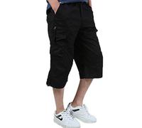 ZumZup Men's Casual Twill 3/4 Cargo Shorts below Knee Multi-Pocket Capri Long Shorts Waist Elastic Cargo Summer Combat Shorts Loose Fit Cotton Outdoor Work black Size UK 3XL(Asia 5XL)