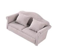 Zunate 1:12 Scale Dollhouse Sofa with Striped Couch and Throw | Miniature Living Room Decor, Birch Wood Base, Photography Props, Farmhouse Nordic Style, 2 Pillow Set