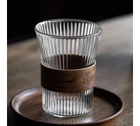 Zunate Retro Glass Toothbrush Cup Vintage Heat Proof Drinkware (Waist Cup | Bathroom Organizer, 10oz Capacity, Solid Wood Base, Vertical Stripe Design, Beverage Glass