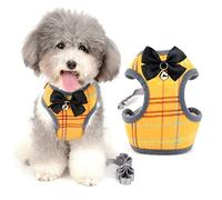 Zunea No Pull Small Dog Harness and Lead Sets Adjustable Soft Mesh Plaid Tuxedo Vest Clothes with Bowtie and Safety Bell for Puppy Chihuahua, Escape proof Cats Harnesses for Walking Yellow L