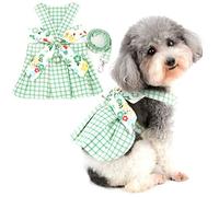 Zunea Small Dog Harness Dress with Leash Set No Pull Puppy Vest Harnesses Plaid Princess Dresses with Cute Flowers Bow Knot Pet Girls Cat Chihuahua Apparel Harness with D Ring for Walking Green L