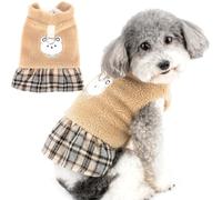 Zunea Winter Dog Dresses for Small Dogs Girl Soft Warm Fleece Puppy Princess Dress with D-Ring Cold Weather Plaid Skirt Cute Bear Female Pet Sweater Jumper Clothes for Chihuahua Yorkie Khaki S