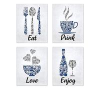Zunedhys Blue Navy Cobalt Grey White Vintage Inspirational Kitchen Restaurant Cafe Bar Wall Art Eat Drink Love Wine