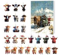 Zunetsutock 24 Days Highland Cow Christmas 24 Day Christmas Cow Jewellery Countdown Calendar 2D Acrylic Animal Pendant for Children and Adults as Party Gift Tree Decoration