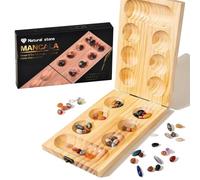 ZUNIPLEX Mancala Board Game - Kalaha Board Game Folding Wooden Board,Families Board Games,Natural Wood and Beautiful Colorful Stones