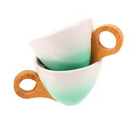 ZUNOXAZ 2Pcs Ceramic Coffee Mugs with Wooden Handles Gradient Color for Espresso Tea Milk Breakfast Drinks Versatile Household Cups for Home Office Cafe Use