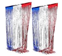 ZUNOXAZ 2pcs July Tinsel Curtain Backdrop Red Silver Blue Foil Fringe Party Decoration for Independence Day Photo Booth Patriotic Celebration and Memorial Day