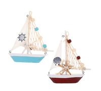 ZUNOXAZ 2pcs Vintage Wooden Sailboat Model Nautical Boat Ornaments with Red and Blue Handcrafted Coastal Centerpiece for Living Office Party Decor Rustic Tabletop Sailing Statue