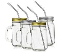 ZUNOXAZ 4 Pcs Transparent Glass Jars with Handle Lid and Stainless Steel Straw Square Drinking Mugs for Juice Milk Water Spill and Easy to Clean Cups for Home Office and Study