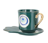 ZUNOXAZ Turkish Blue Evil Eye Coffee Cup and Saucer Set with Handle, Ceramic Turkish Coffee Mug for Latte Art, Afternoon Tea, Home Use, Green Hand-Painted Devil’s Eye Design