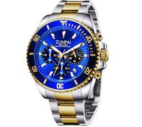 ZUNPAI Moon Phase Watch for Men Multifunction Chronograph, 45mm Large Dial Analog Quartz Wristwatch Luxury Business Dress Watch with Luminous Waterproof Calendar Stainless Steel Strap, Gold Blue,