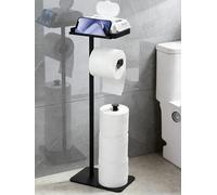 ZUNTO Freestanding Toilet Roll Holder with Shelf - No Drilling Toilet Paper Stand with Storage for 3 Spare Rolls, Wet Wipes & Phone, Anti-Slip Bathroom Paper Roll Holder, Matte Black Finish
