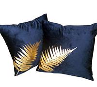 ZUODU Gold Leaf Cushion Covers Pack of 2 Navy Velvet Peach Skin-Like Decorative Pillow Cover Blue Cushion Cover 18x18 Inches 45 x45 Cm (golden Leave-Navy 2pc)