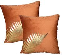 ZUODU Orange Velvet Cushion Covers 45 x 45 Cm Set of 2 Peach Skin-Like Decorative Pillow Cover Cushion Cover 18x18” (golden Leave-orange 2pc)
