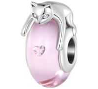 ZUOHUI Copper Plated Pink Cat Glass Bead Charm for Pandora Bracelet | Platinum Dangle Pendant fits Troll Biagi Chamilia Cute Animal DIY Jewellery Supplies Gift for Her Birthday Valentine's Day