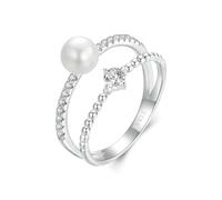 ZUOHUI Natural Freshwater Pearl & Moissanite 925 Sterling Silver Stackable Ring - Elegant Double Band for Women, Wedding & Anniversary Gift(6)