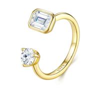 ZUOHUI S925 Sterling Silver 5x7mm Emerald Cut Moissanite/Zircon Open Adjustable Ring for Women & Men, Asymmetric Stacking Band, Wedding/Anniversary(Gold Zircon,7)