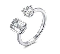 ZUOHUI S925 Sterling Silver 5x7mm Emerald Cut Moissanite/Zircon Open Adjustable Ring for Women & Men, Asymmetric Stacking Band, Wedding/Anniversary(White Gold Zircon,5)