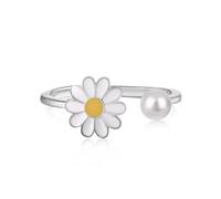 ZUOHUI S925 Sterling Silver Adjustable Daisy Ring for Women, 18K Gold Plated Rotatable Band with Pearl & Geometric Design, Nature-Inspired Stackable Jewelry(Silver)