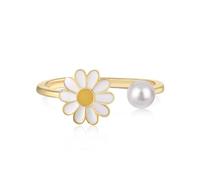 ZUOHUI S925 Sterling Silver Adjustable Daisy Ring for Women, 18K Gold Plated Rotatable Band with Pearl & Geometric Design, Nature-Inspired Stackable Jewelry(Gold)