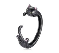 ZUOHUI S925 Sterling Silver Black Cat Open Ring with Pink Enamel Adjustable Gothic Cute Stackable Band for Women Men