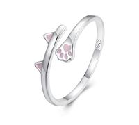 ZUOHUI S925 Sterling Silver Cat Open Ring with Pink Enamel Ears & Paws Adjustable Stackable Band for Women