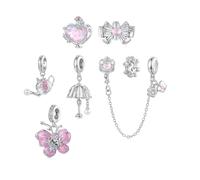 ZUOHUI S925 Sterling Silver Charms for DIY Jewelry: Spring Pink Butterfly, Bow, Teapot Beads, Romantic Gifts for Her, Compatible with Pandora European Bracelets(7pcs)