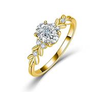 ZUOHUI S925 Sterling Silver Leaf Moissanite Ring for Women - Egg-Shaped Solitaire with Leaf Band, Nature-Inspired Engagement Promise Ring for Daily Wear(Gold,9)