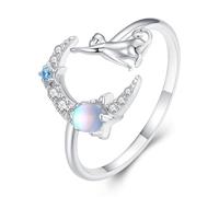 ZUOHUI S925 Sterling Silver Moon Cat Open Ring Moonstone & Cubic Zirconia Adjustable Stackable Band for Women