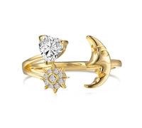 ZUOHUI S925 Sterling Silver Open Ring for Women, 18K Gold Plated 5A Heart Zirconia Moon Star Adjustable Band Ring, Fashion Commute(Gold)