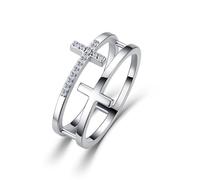 ZUOHUI Women’s S925 Silver Double Band Ring with 15x1mm Moissanite Cross Design - Stackable Daily & Evening Jewelry(Silver,7)