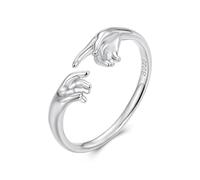 ZUOHUI Women’s S925 Sterling Silver Adjustable Open Ring - Hands Holding Couple Band, Artistic Design Inspired by Creation of Adam, Gift for Her
