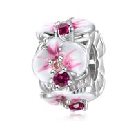 ZUOHUI Women's S925 Sterling Silver Cherry Blossom Charm for Pandora Bracelets DIY Jewelry Making, Pink Zircon Flower Bead