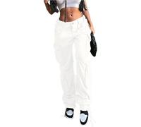 ZUOLAIYIN Fall Women's High Waist Loose and Casual Cargo Pants with Eight Pockets Straight Cut Long Trousers, 1 x white, XS