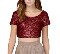 Zuoyue Women Elegant Sequin Tops Party Glitter Ruched Wrap Tops Sparkly Blouse Ladies Short Sleeve Stretchy Crop Top Sparkly Tank Top Loose Sleeveless Blouses Shirt Club Vest Red