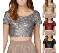 Zuoyue Women Elegant Sequin Tops Party Glitter Ruched Wrap Tops Sparkly Blouse Ladies Short Sleeve Stretchy Crop Top Sparkly Tank Top Loose Sleeveless Blouses Shirt Club Vest Silver